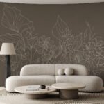 Papier peint – Feuilles au trait sur fond brun