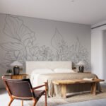 Papier peint – Feuilles au trait sur fond beige