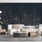 Papier peint – Feuilles au trait sur fond bleu nuit – W02773V2