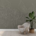 Papier peint – Feuilles au trait sur fond kaki