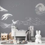 Papier peint – Dauphins blancs et vagues au trait