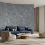 Papier peint – Petites feuilles bleues sur fond gris