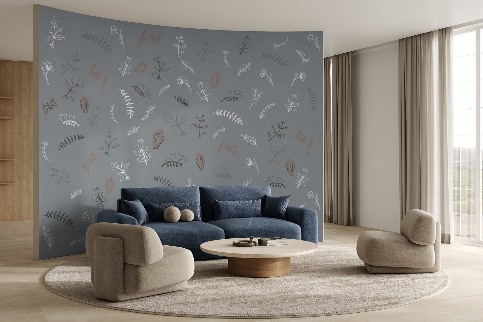 w02776v2pig4mr.jpg Papier peint – Petites feuilles bleues sur fond gris – Image 1