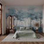 Papier peint – Arbres bleus et oiseaux en vol
