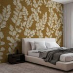 Papier peint – Feuilles blanches sur fond ocre