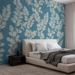 Papier peint – Feuilles blanches sur fond bleu