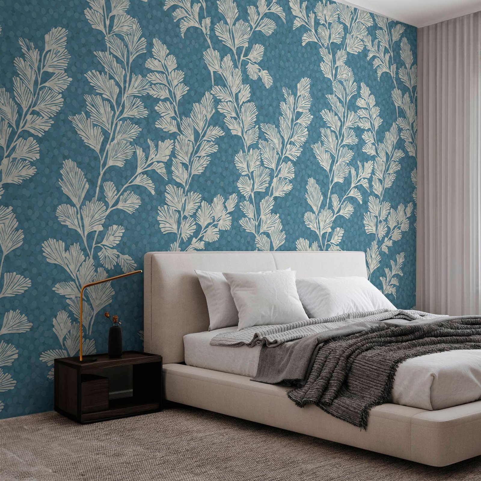 w02784v2pib1ms.jpg Papier peint – Feuilles blanches sur fond bleu – Image 1