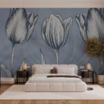 Papier peint – Tulipes au trait blanc sur fond bleu grisé
