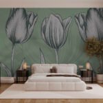 Papier peint – Tulipes au trait blanc sur fond vert