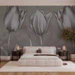 Papier peint – Tulipes au trait blanc sur fond gris