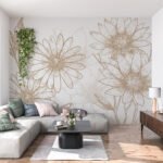 Papier peint – Marguerites dorées au trait sur fond blanc