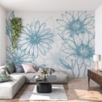 Papier peint – Marguerites bleues au trait sur fond blanc