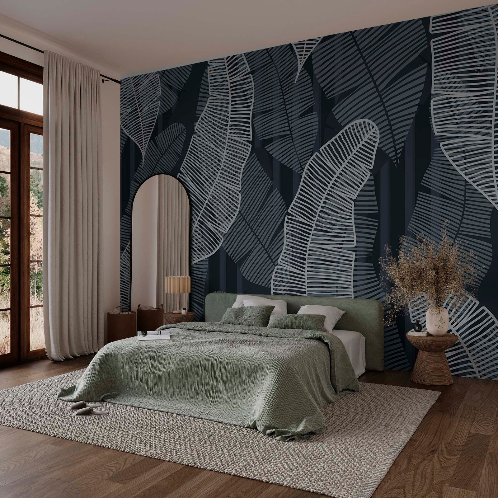 w02788pib1ms.jpg Papier peint – Feuilles au trait sur fond bleu nuit – W02788 – Image 1