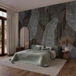 Papier peint – Feuilles au trait sur fond vert sombre