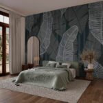 Papier peint – Feuilles au trait sur fond gris sombre