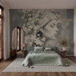 Papier peint – Visage féminin et fleurs en monochrome