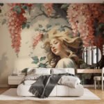 Papier peint – Portrait féminin et décor floral ancien