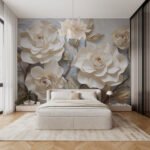 Papier peint – Roses crème et gris effet sculpté