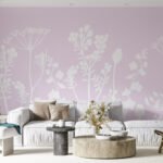 Papier peint – Fleurs blanches au trait sur fond mauve