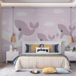 Papier peint – Baleines mauves et petits poissons
