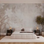 Papier peint – Feuillage blanc sur fond beige