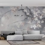 Papier peint – Branches fleuries blanches sur fond gris