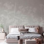 Papier peint – Feuillage blanc sur fond gris patiné