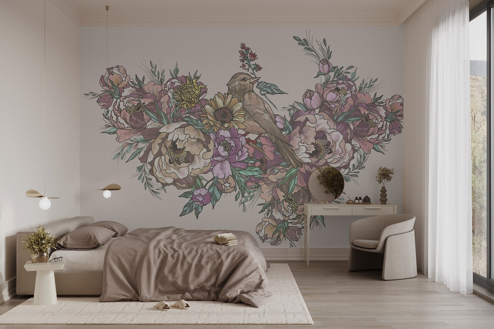 w02833pib2mr.jpg Papier peint – Composition florale multicolore au trait – Image 1