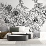 Papier peint – Composition florale gravée en noir et blanc