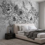 Papier peint – Bouquet floral gravé en noir et blanc