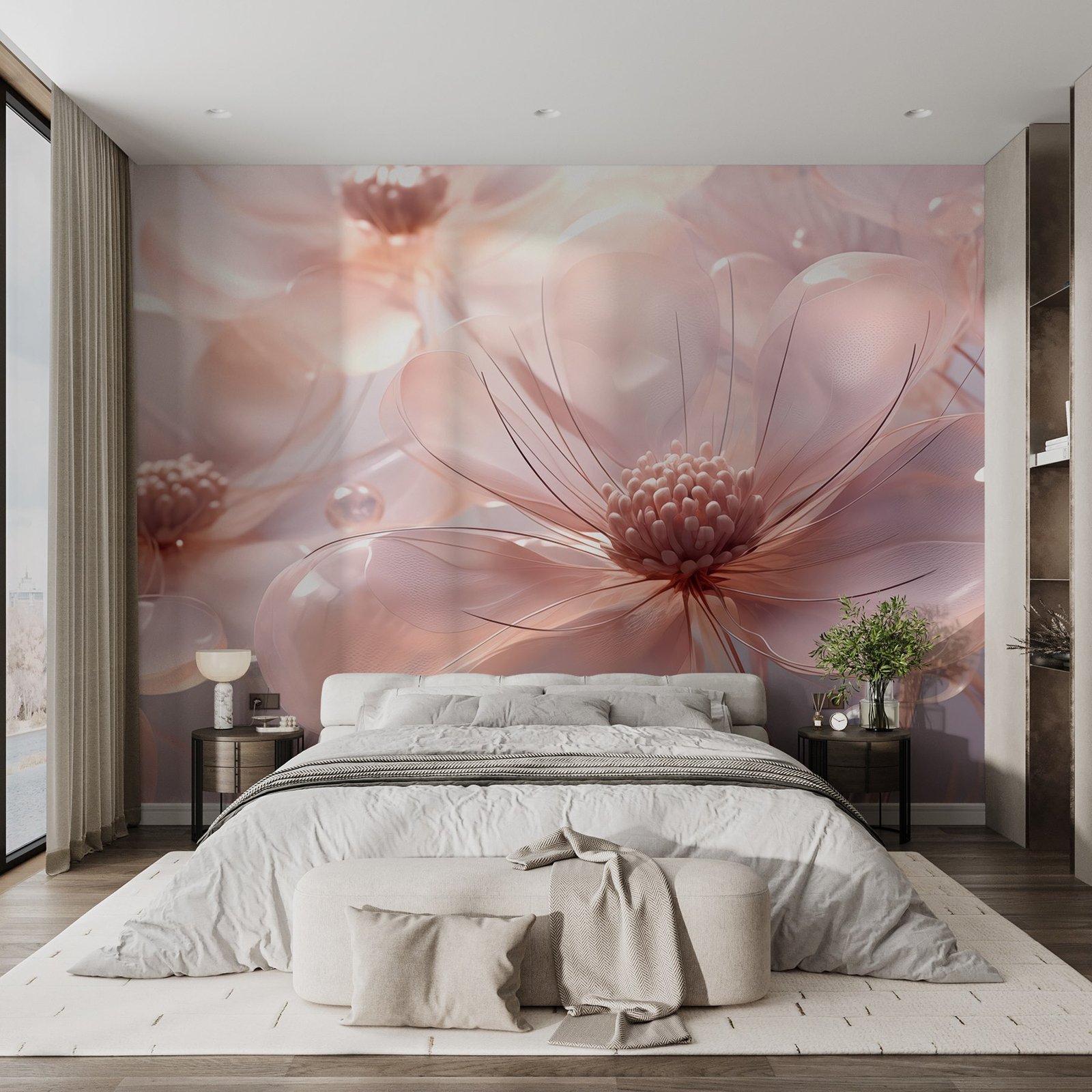 w02837pib4ms.jpg Papier peint – Fleurs roses transparentes et reflets lumineux – Image 1