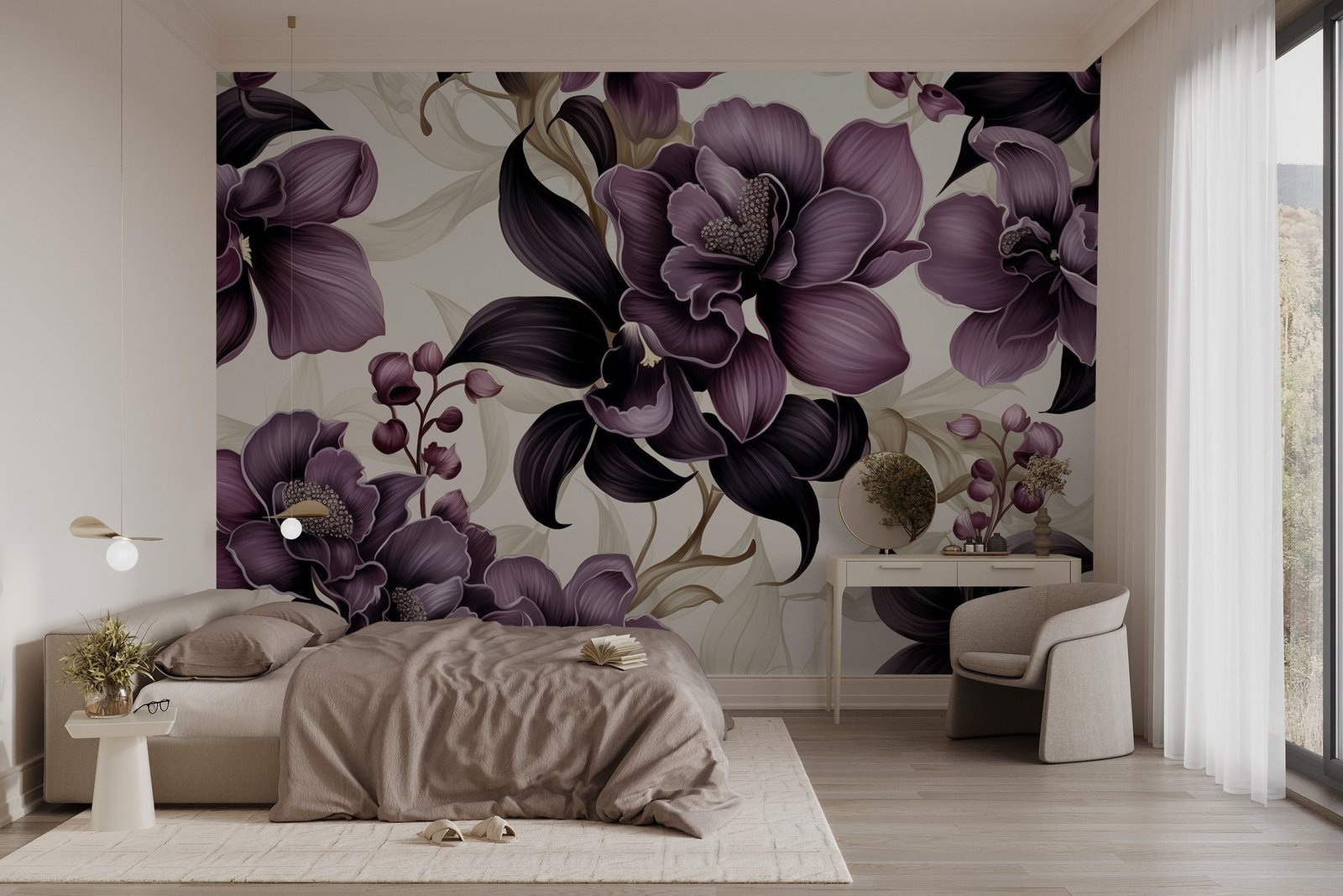 w02839pib2mr.jpg Papier peint – Orchidées violettes sur fond crème – Image 1