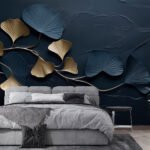 Papier peint – Feuilles de ginkgo bleues et dorées