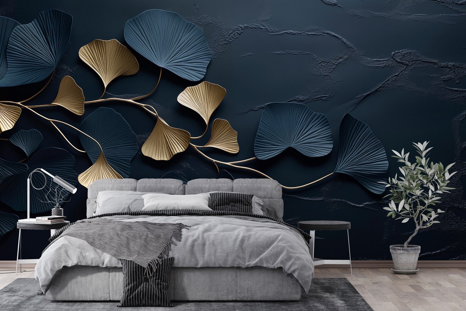 w02841pib6r.jpg Papier peint – Feuilles de ginkgo bleues et dorées – Image 1