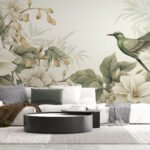 Papier peint – Colibri vert et fleurs tropicales