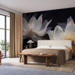Papier peint – Lotus blancs sur fond noir
