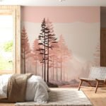 Papier peint – Sapins sur paysage rose et crème