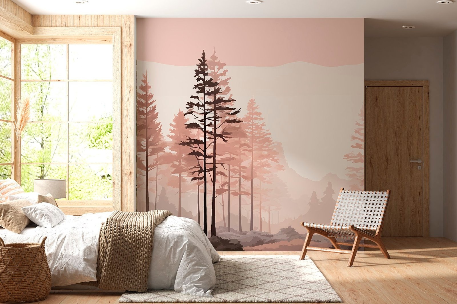 w02853pib8mr.jpg Papier peint – Sapins sur paysage rose et crème – Image 1