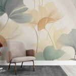 Papier peint – Fleurs stylisées vert et jaune pastel