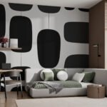 Papier peint – Formes arrondies noires sur fond blanc