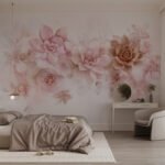 Papier peint – Bouquet rose pâle sur fond blanc