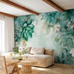 Papier peint – Feuillage vert sur fond crème patiné