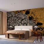 Papier peint – Dahlia noir et blanc sur fond ocre