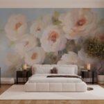 Papier peint – Fleurs crème aux cœurs rosés