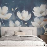 Papier peint – Magnolias blancs sur fond bleu