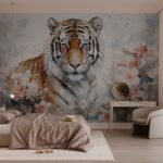 Papier peint – Tigre dans un décor floral pastel