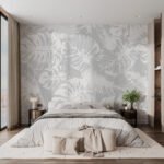 Papier peint – Feuilles blanches au trait sur fond gris
