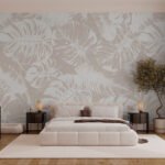 Papier peint – Feuilles blanches au trait sur fond beige rosé
