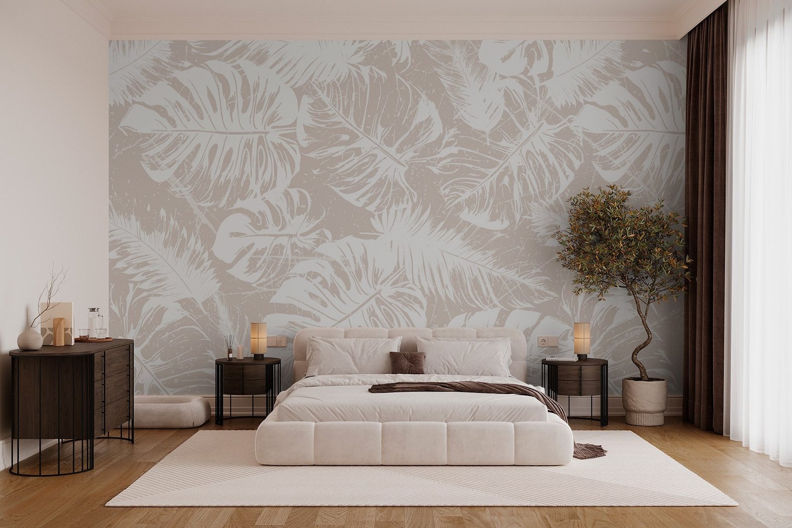 w02895v1pib1mr.jpg Papier peint – Feuilles blanches au trait sur fond beige rosé – Image 1