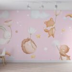 Papier peint – Animaux et arcs-en-ciel sur fond rose